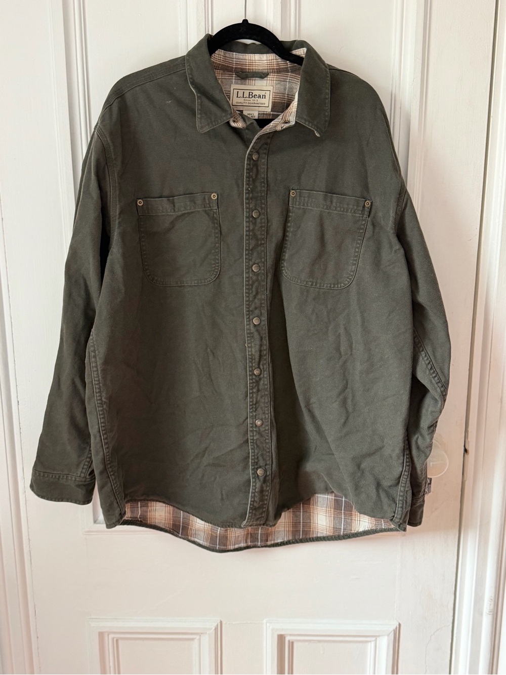 Vintage LL Bean Olive Green Cotton Canvas Long Sleeve Shirt Plaid Flannel Lining